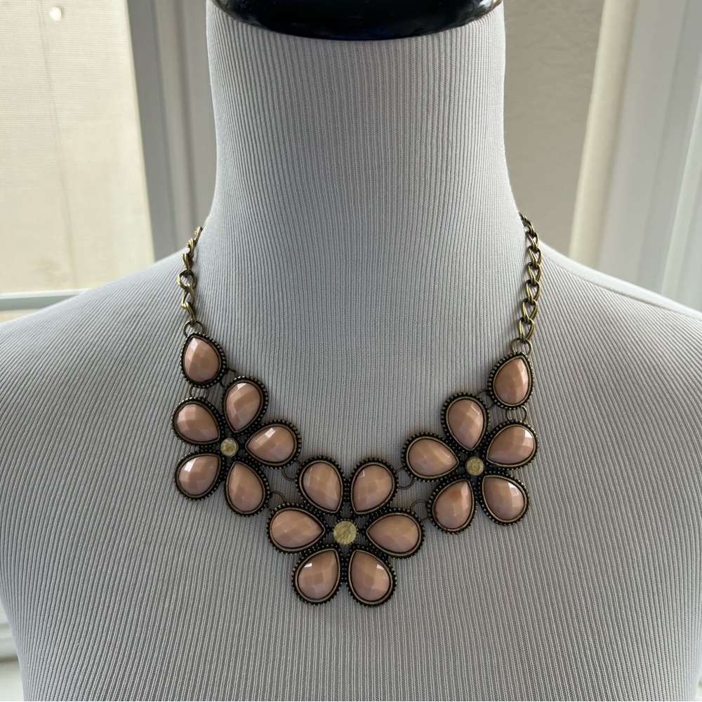 Pink Floral Statement Necklace Antique Gold Tone Chunky Flower Adjustable